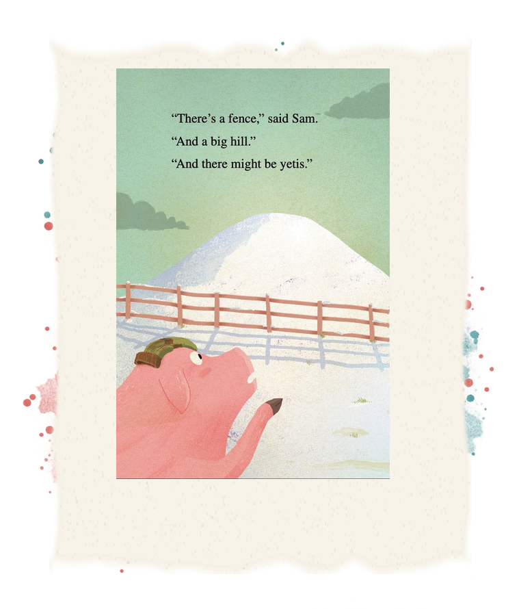 Sam looks toward a fence and a snowy hill while imagining that yetis might be ahead.
