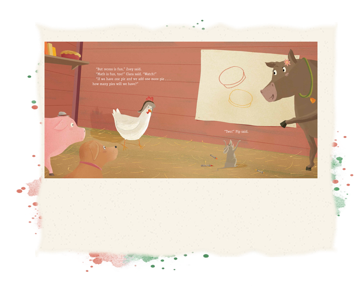 Zoey uses pie shapes to teach math to her animal friends in the barn classroom.