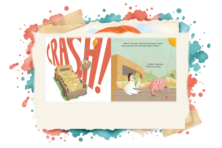 Zoey and Sam make a spectacular landing, illustrated by Shahar Kober