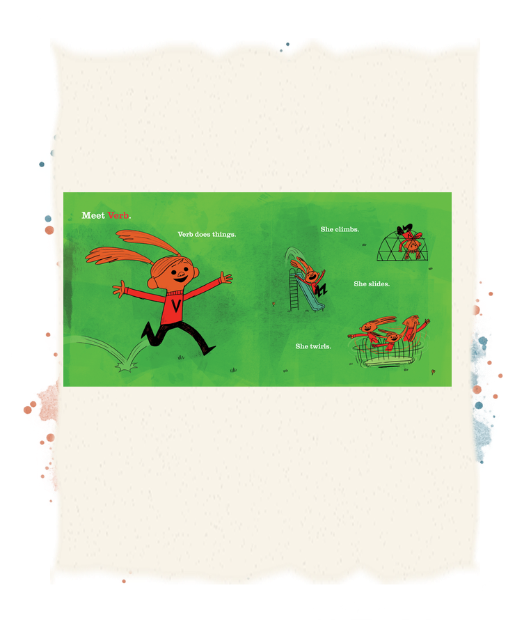 Verb climbs, slides, and twirls across a playground, demonstrating action words.