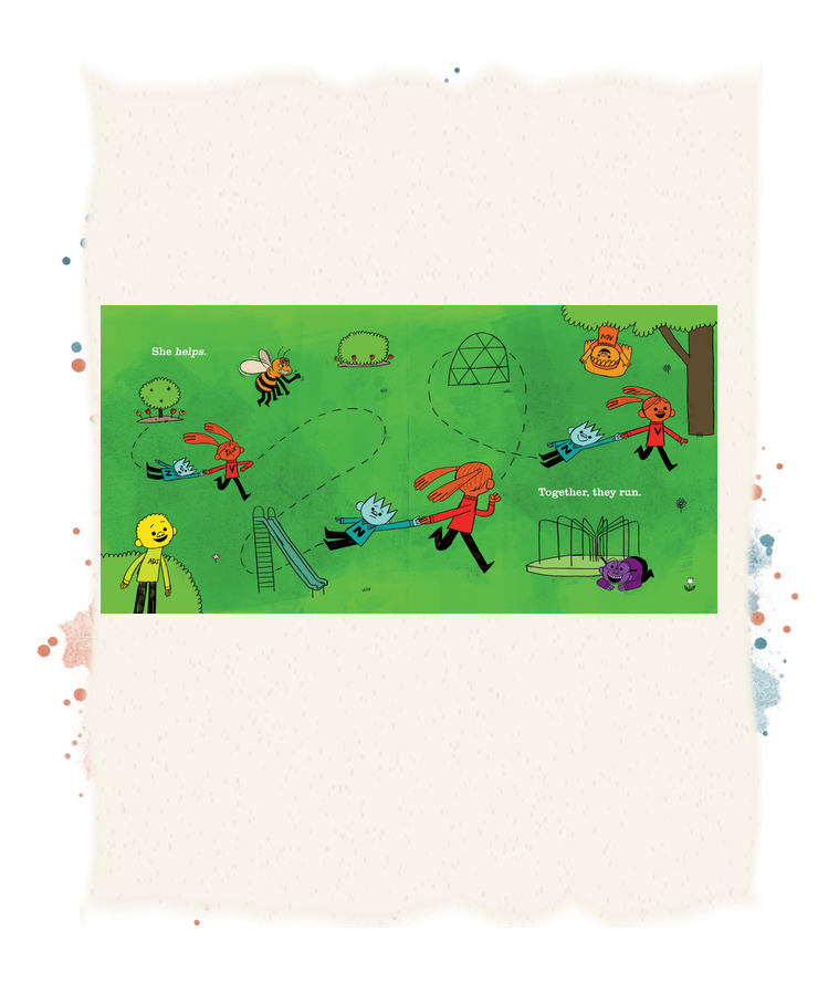 Verb takes Noun’s hand and helps him run through the playground as the other parts of speech cheer.